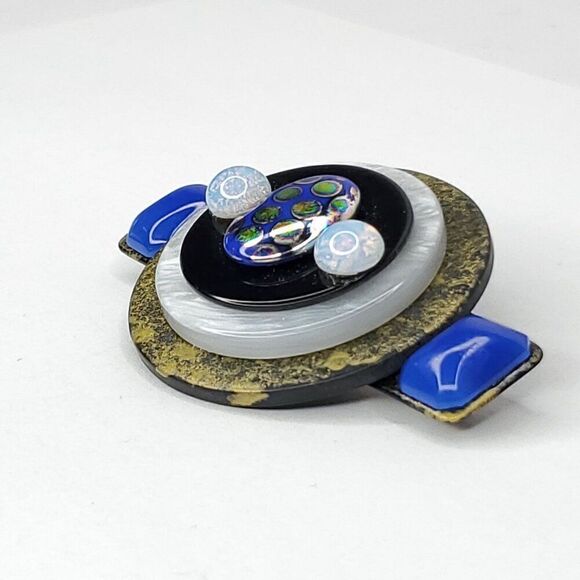 Vintage Art Deco Geometric Statement Brooch Black Blue Gold Plastic Glass 2 3/4" - Picture 2 of 3
